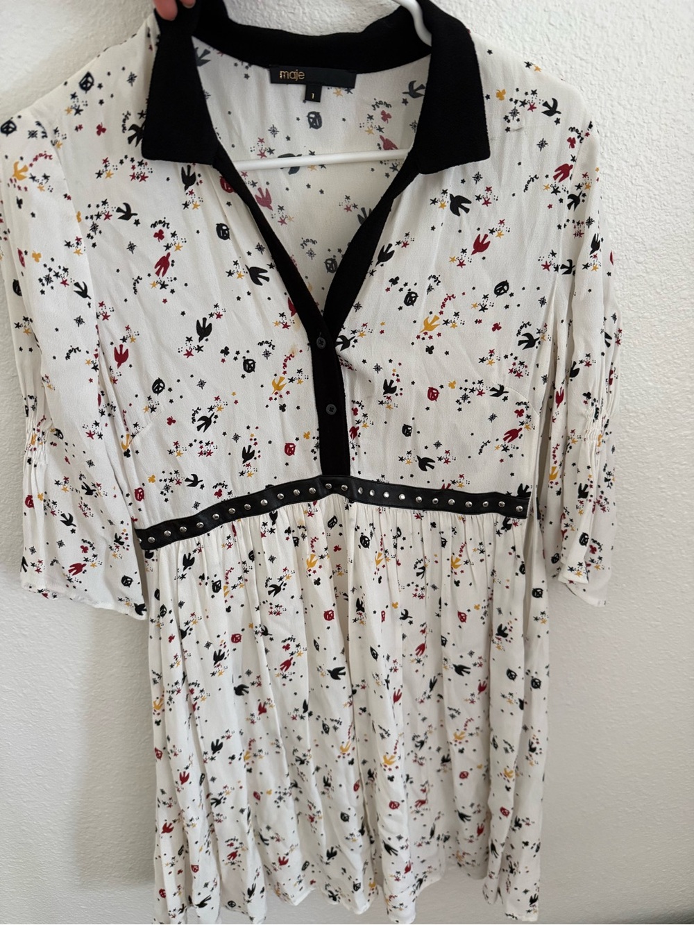 Maje White Floral Mini Dress with Black Collar & Trim